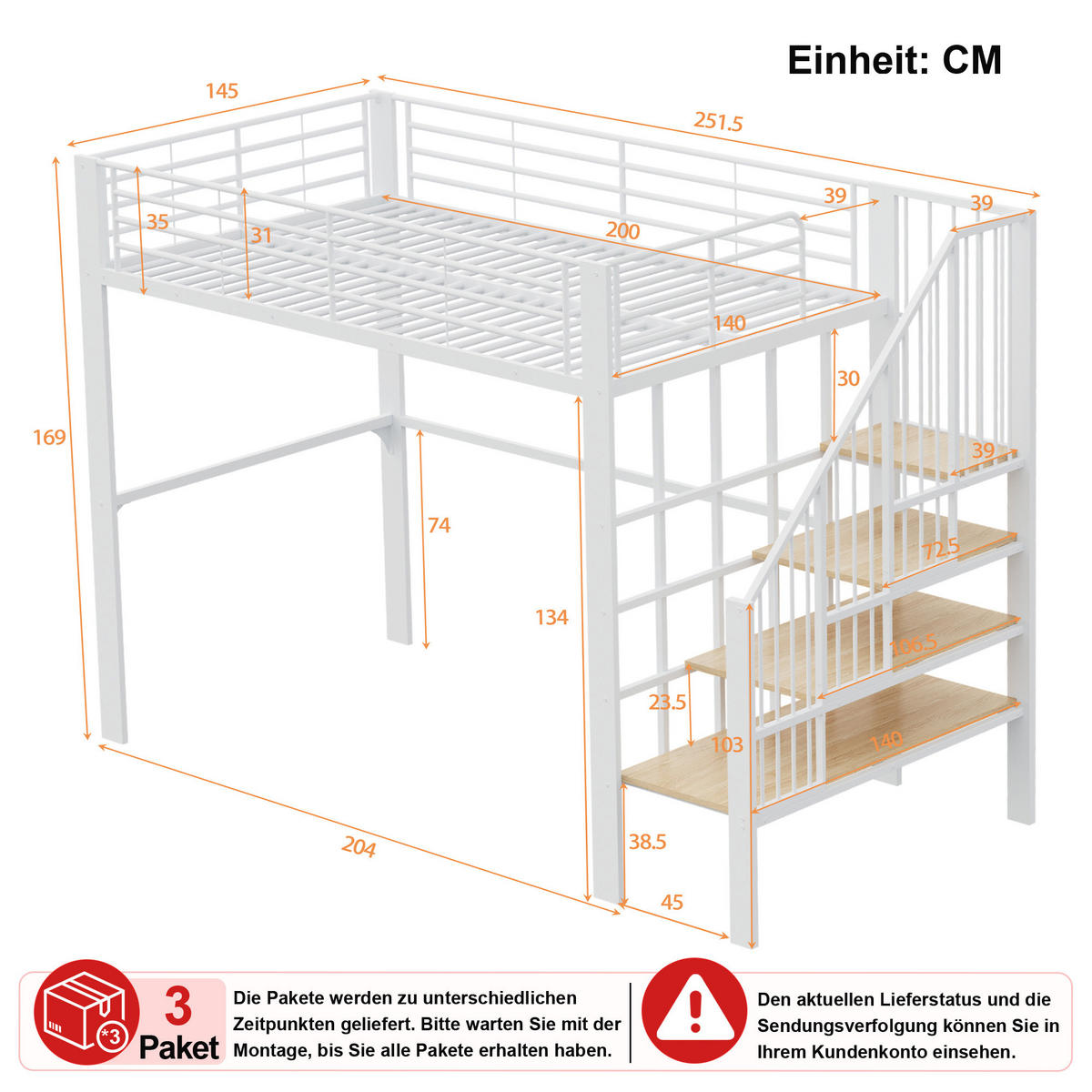 HOCHBETT 140/200 cm in Weiß mit Treppe und Stauraum - Weiß, Holzwerkstoff/Metall (140/200cm) - CHICFURN