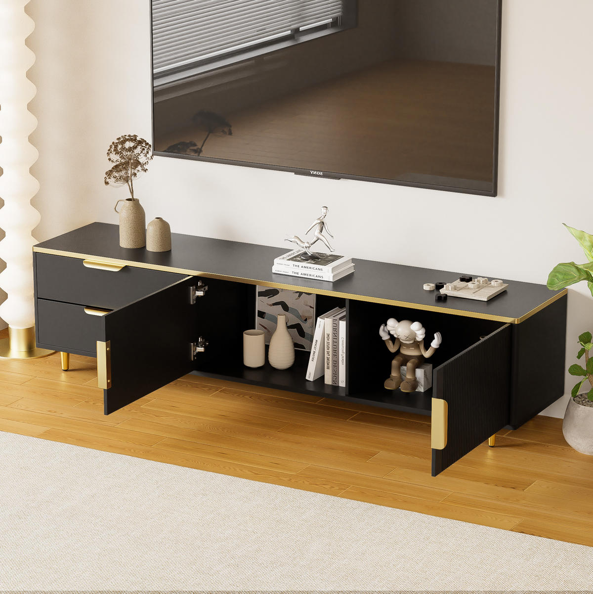 LOWBOARD 170/45/37 cm aus MDF und Holzwerkstoff mit geschnitzten Fronten Schwarz/Gold - Schwarz, Holzwerkstoff (175/45/40cm) - Modenvie