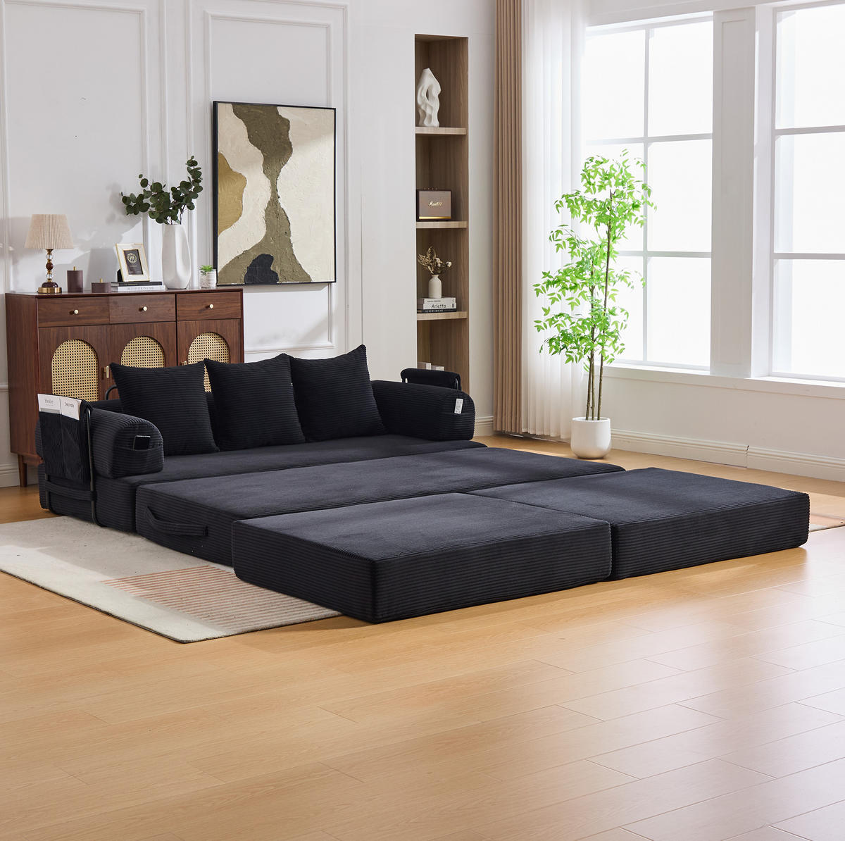 SOFA modular mit Hocker ca. 200 x 190 x 67 cm Cord Black - Schwarz, Kunststoff (190/200cm) - Meubliv