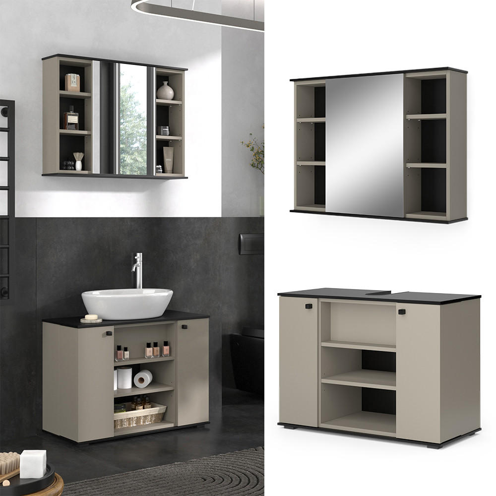 BADMÖBEL-SET Joli Greige 2 Teile - Greige/Schwarz, Holzwerkstoff (80/59/37cm) - Vicco