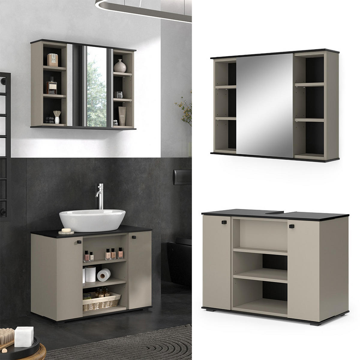 BADMÖBEL-SET Joli Greige 2 Teile - Greige/Schwarz, Holzwerkstoff (80/59/37cm) - Vicco
