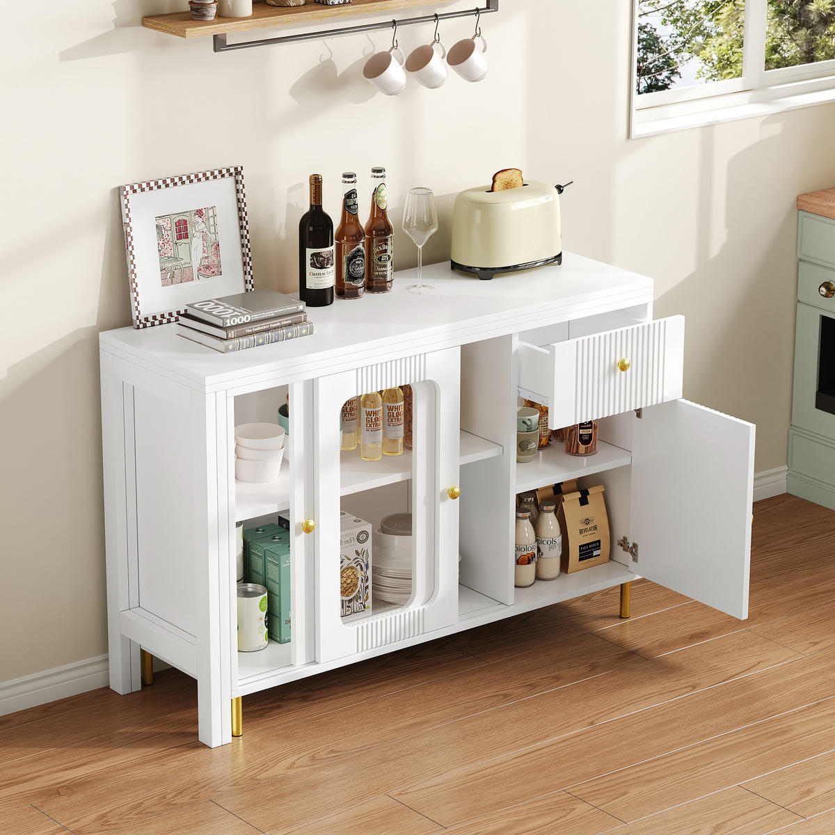 SIDEBOARD 116/40/78,5 cm in Weiß mit Auszugstisch, Glastüren & Schubladen - Weiß, Holzwerkstoff (116/78/40cm) - BEAOK