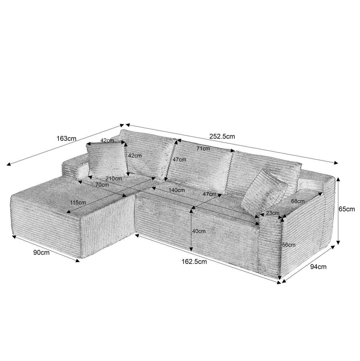 3-SITZER ECKSOFA Cord Weiß mit Kissen - Weiß, Textil (252.5/163cm) - WISHDOR