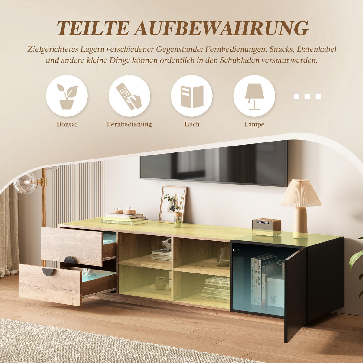 TV-SCHRANK 180 cm Holz & Schwarz mit Schublade, offenen Fächern und Schrank - Schwarz, Holzwerkstoff (180/47/38.5cm) - Urban Meuble