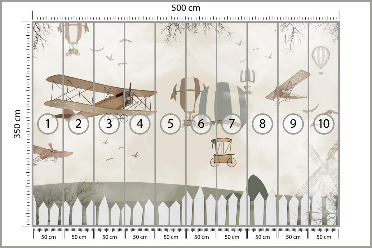 FOTOTAPETE für Kinderzimmer Retro Flugzeuge Ballons Vintage Beige 500x350 - Beige/Braun, Papier (500/350cm) - Muralo