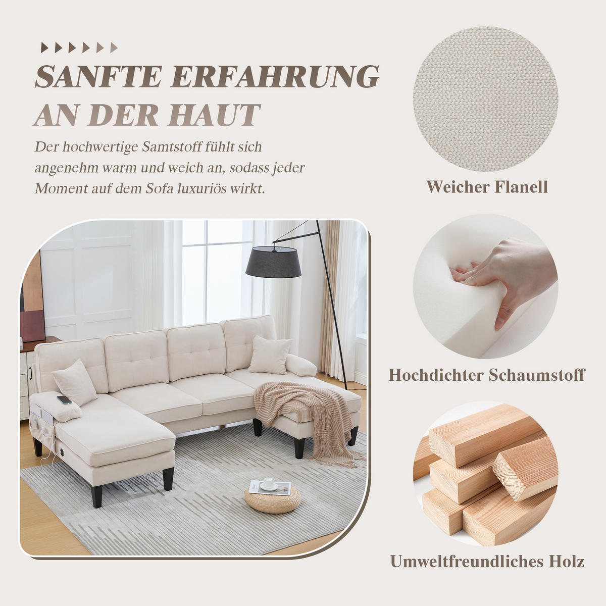 WOHNLANDSCHAFT 4-Sitzer Leinen Beige mit USB, Type-C und Seitentaschen - Beige, Textil (250/88/130cm) - WISHDOR