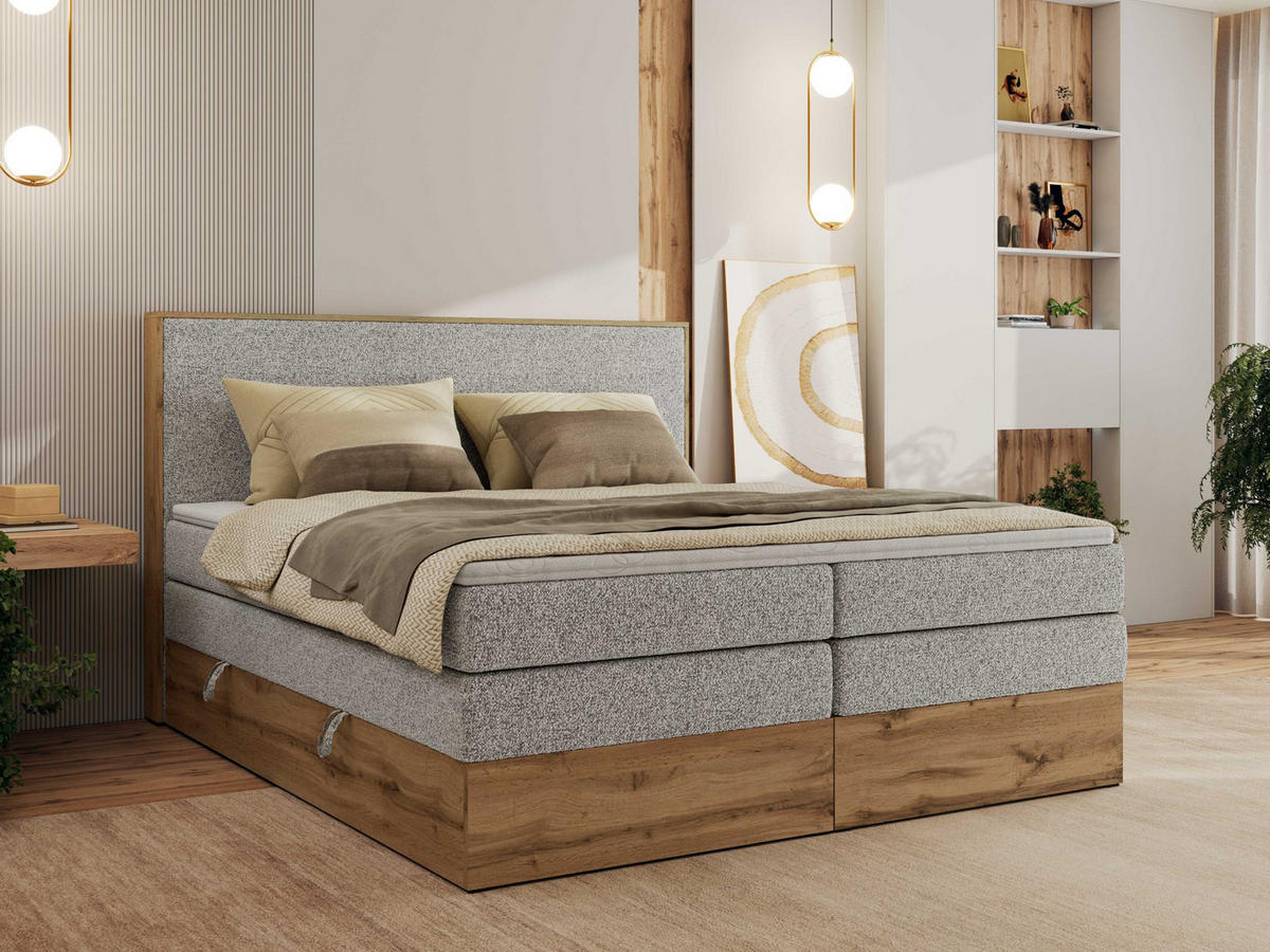 BOXBETT WOOD CLASSIC KING 180/200 - Hellgrau Strukture - H3 - Hellgrau, Textil (180/200cm) - MKS