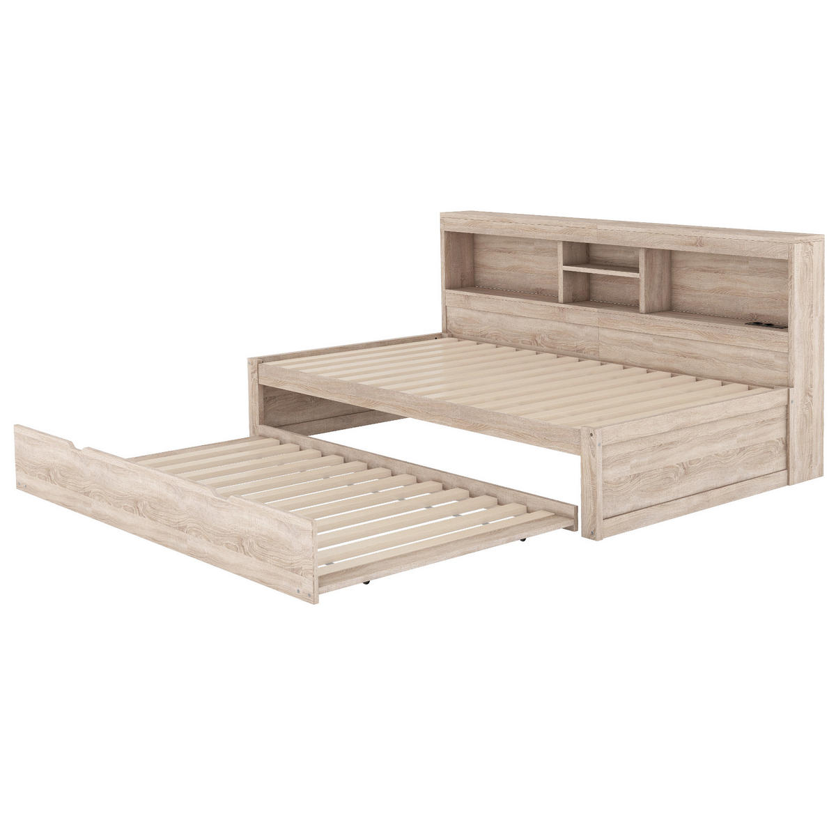 SCHLAFSOFA 90x200cm Natur LED-Licht Bettseite Staufach Ausziehbett USB - Naturfarben, Holz (90/200cm) - FLIEKS