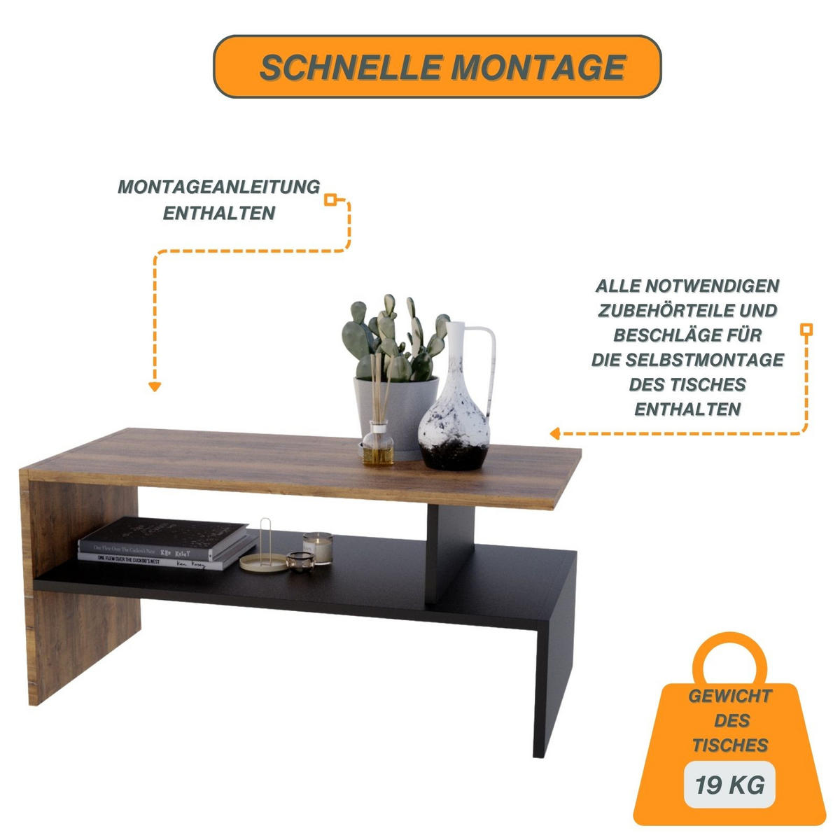 COUCHTISCH Holzwerkstoff rechteckig stabil Nussbaumfarben 50/45/93cm - Nussbaumfarben/Schwarz, Holzwerkstoff (50/93/45cm) - CraftPAK