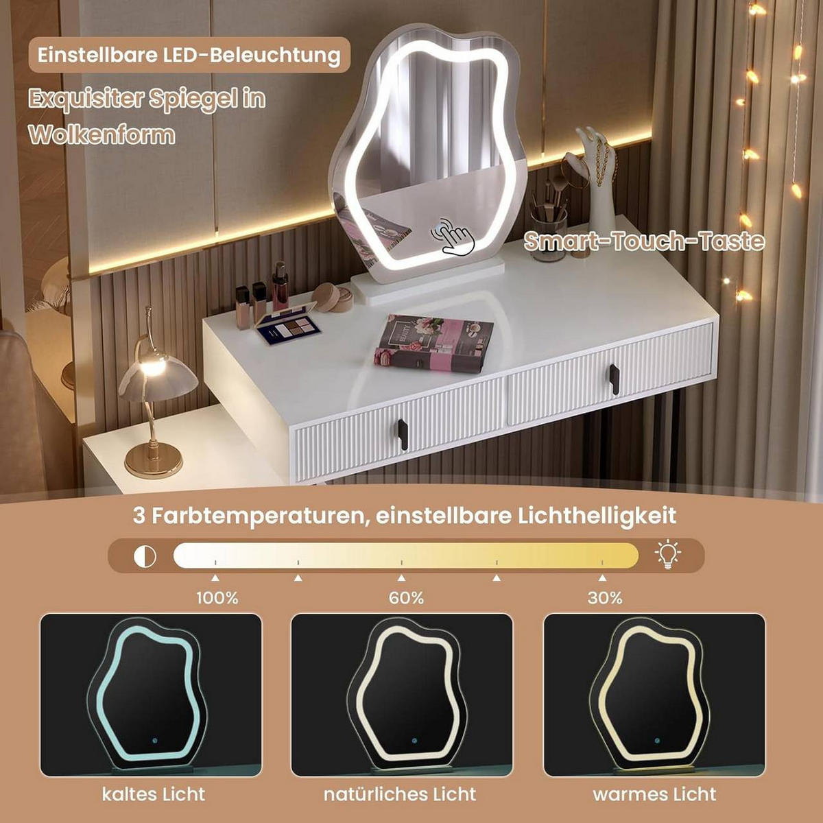 SCHMINKTISCH mit LED, Spiegel, Weiß+Schwarz - Schwarz/Weiß, Glas/Holz (90/130/38cm) - Woltu