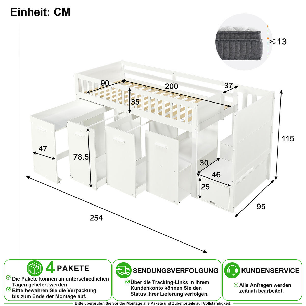 PATROVÁ POSTEL 90/200 cm v bílé barvě s psacím stolem a úložným prostorem - bílá, dřevo/kompozitní dřevo (90/200cm) - CHICFURN