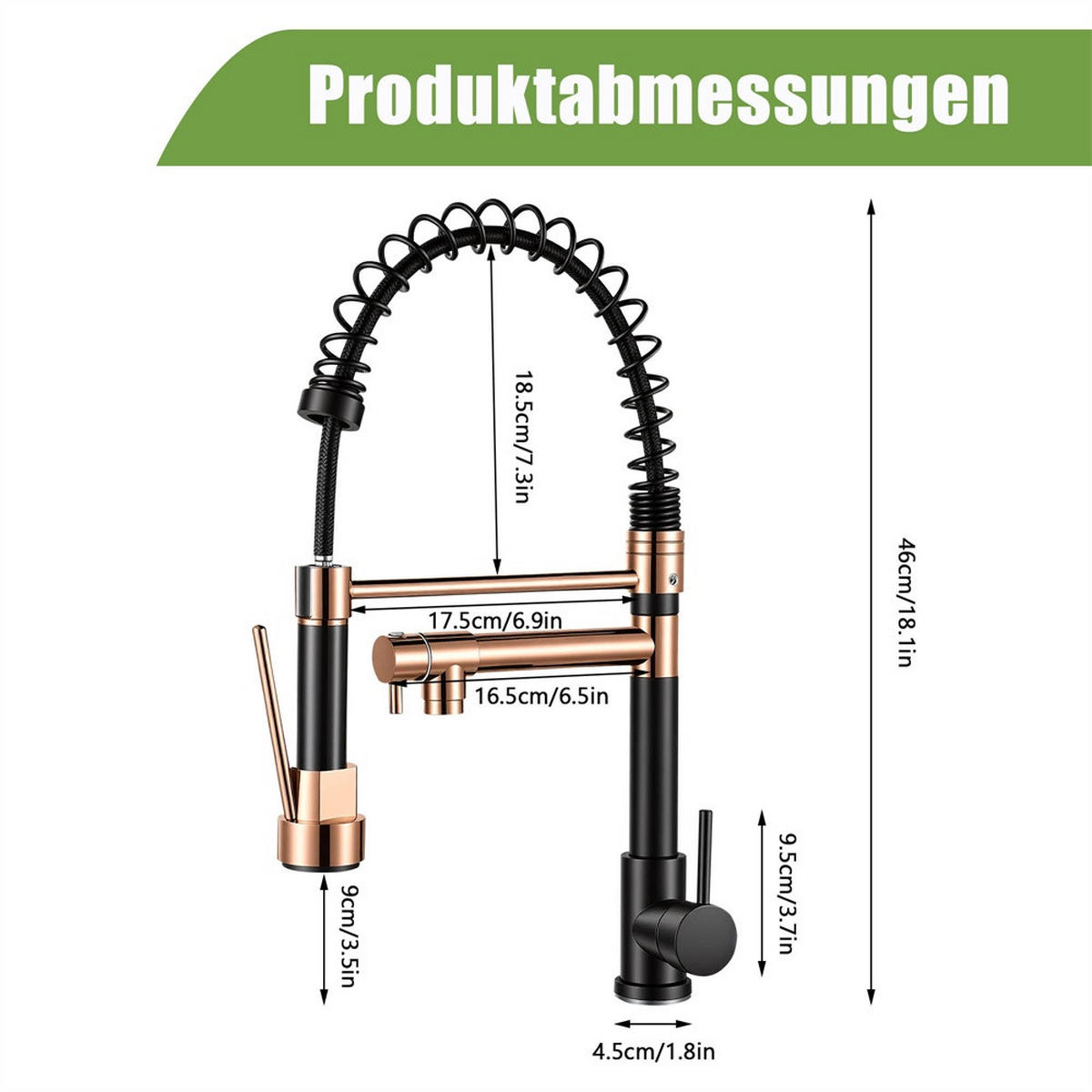 KÜCHENARMATUR ausziehbar mit Federführung 360° drehbar Spültischarmatur Mischbatterie - Schwarz +Roségold - Schwarz, Metall (17.5/46/4.5cm) - DELFA
