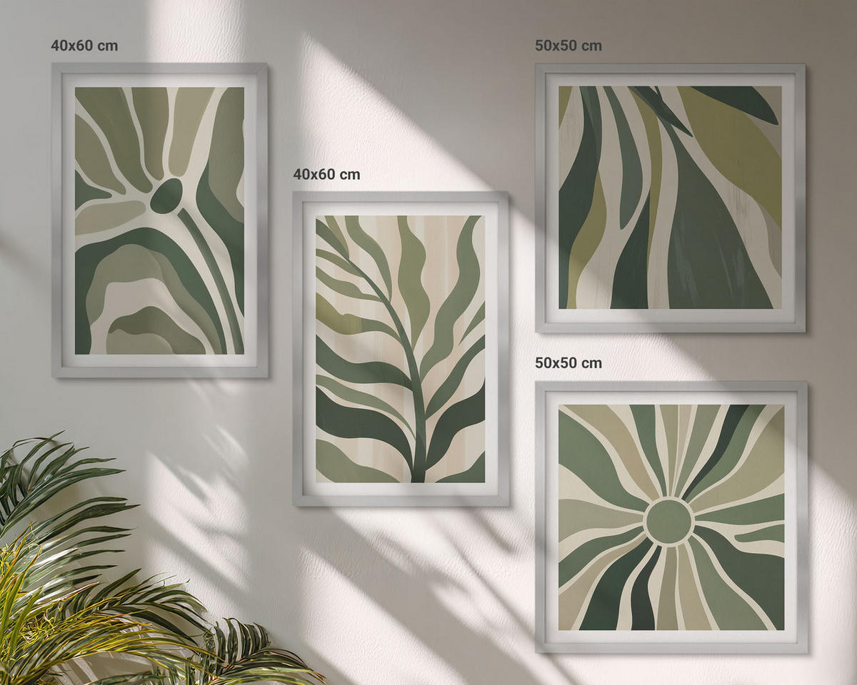 BILDER SET 4er Set - 50x50 cm & 40x60 cm Silberner Rahmen - Bemalte Blätter mit Grün - Silberfarben, Kunststoff (50/50cm) - TULUP