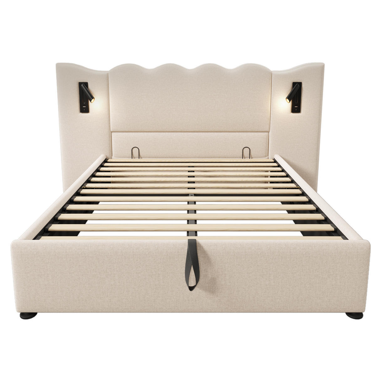 POLSTERBETT aus Leinen 160x200 cm Beige mit Bettkasten, Leselampe und USB-/Type-C-Anschlüssen - Beige, Textil (160/200cm) - IVMEU