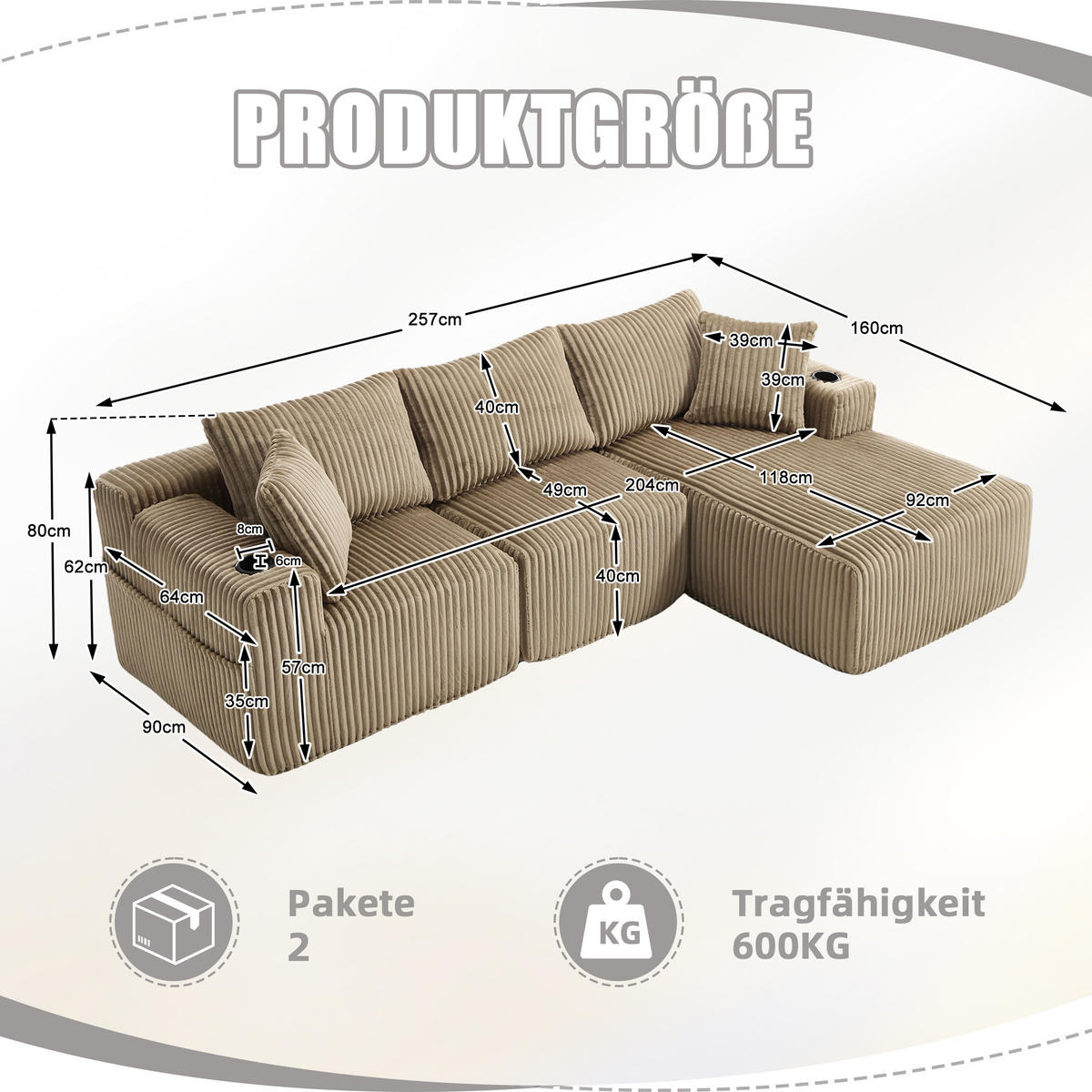 MODULARES Sofa-Set Cord mit Chaiselongue und 2-Sitzer Getränkehalter und Seitentaschen 257/90 160/62 cm Sandfarben - Sandfarben, Textil (160/257cm) - Redom