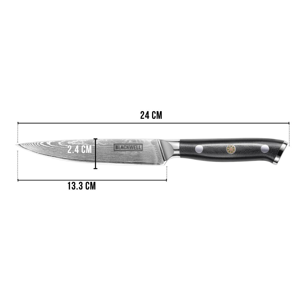 GEMÜSEMESSER Büromesser im japanischen Stil - 67-lagiger Damaststahl - VG10 - 12,5 cm - Schwarz, Keramik (1cm) - Blackwell