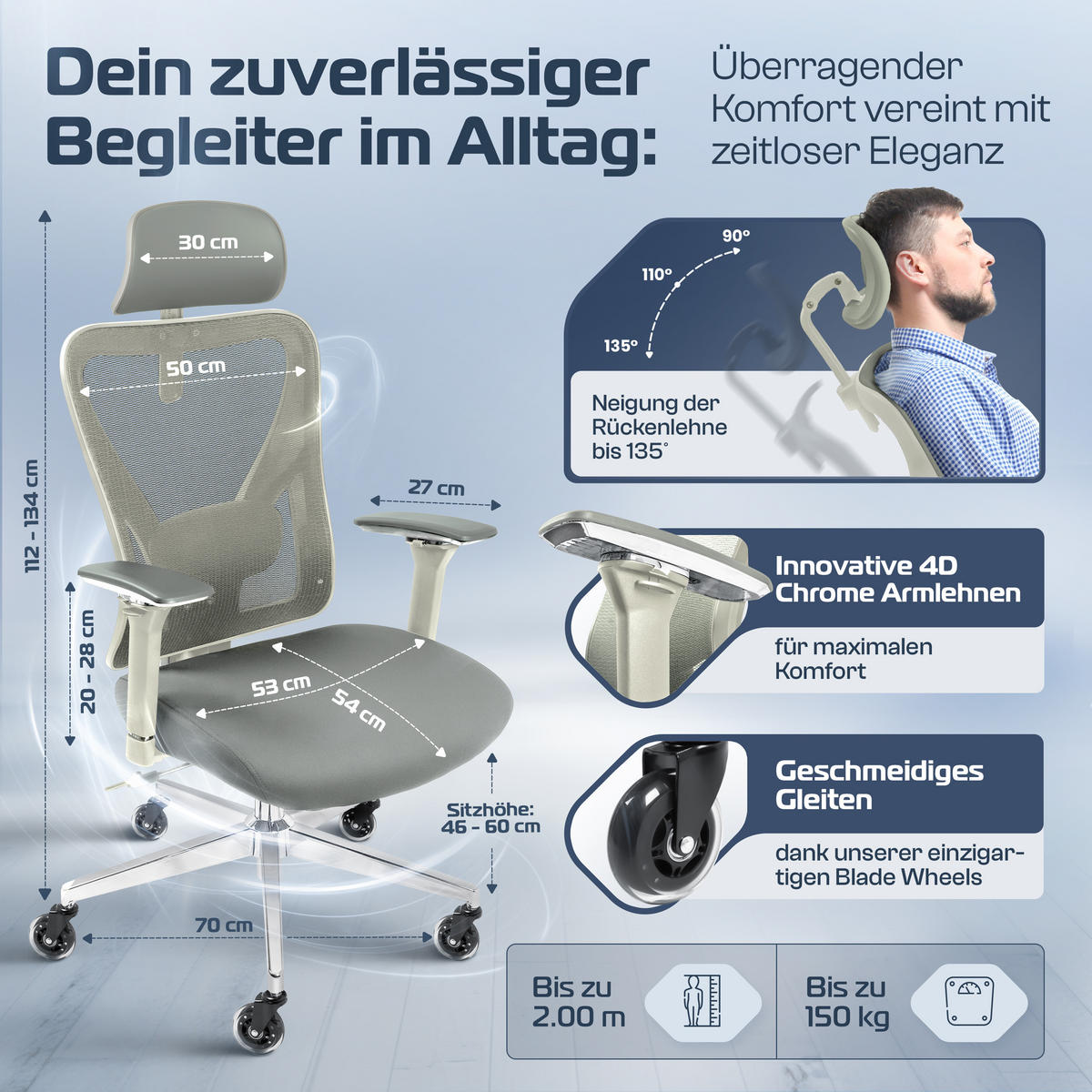 BÜROSTUHL CleverSeat Creme-Weiß - Beige/Silberfarben, Kunststoff/Textil (70/134/70cm) - Clouvou