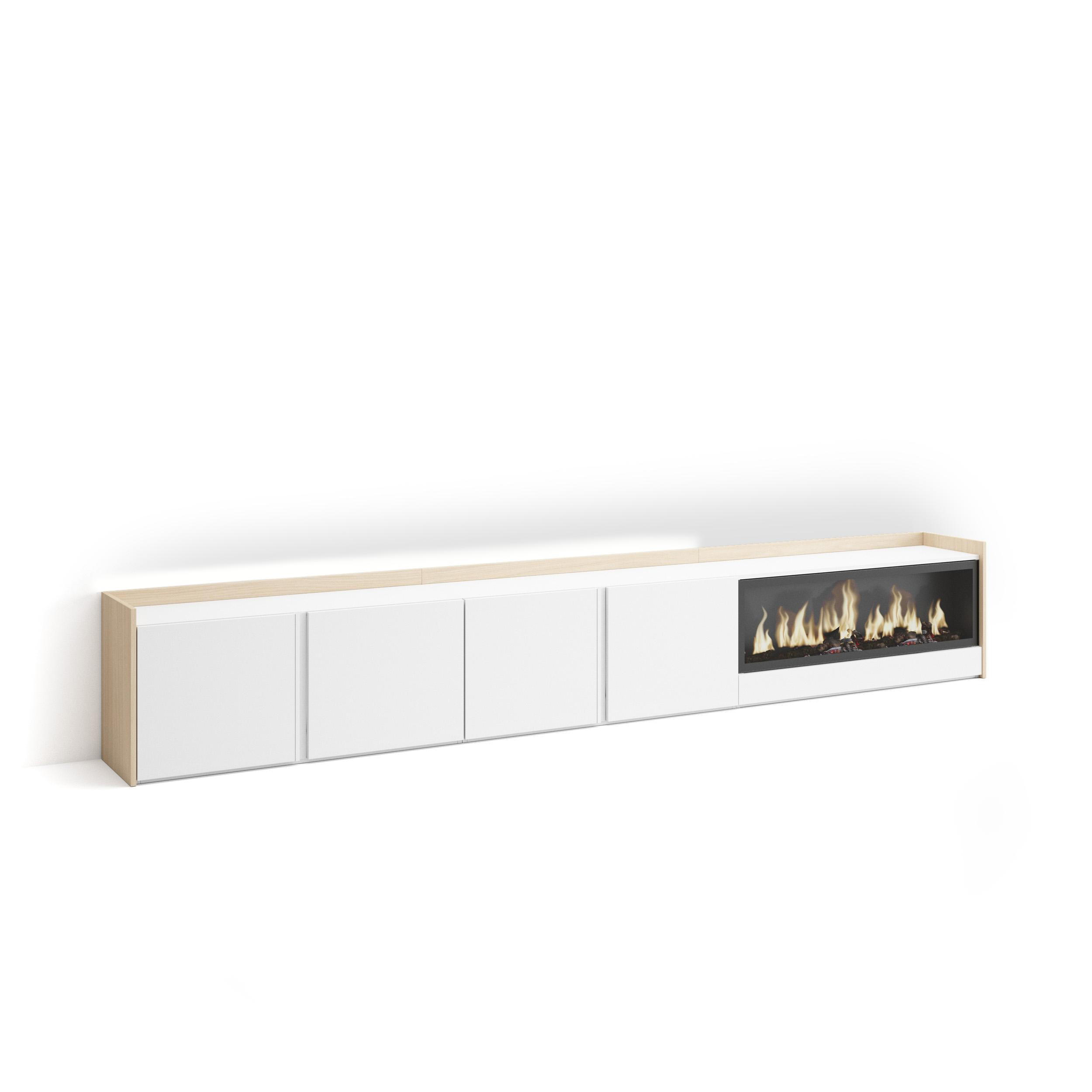 LOWBOARD, Weiß und Eiche, 315/35/50cm, Kamin mit Feuereffekt XXL - Weiß, Holzwerkstoff (315/50/35cm) - Skraut Home