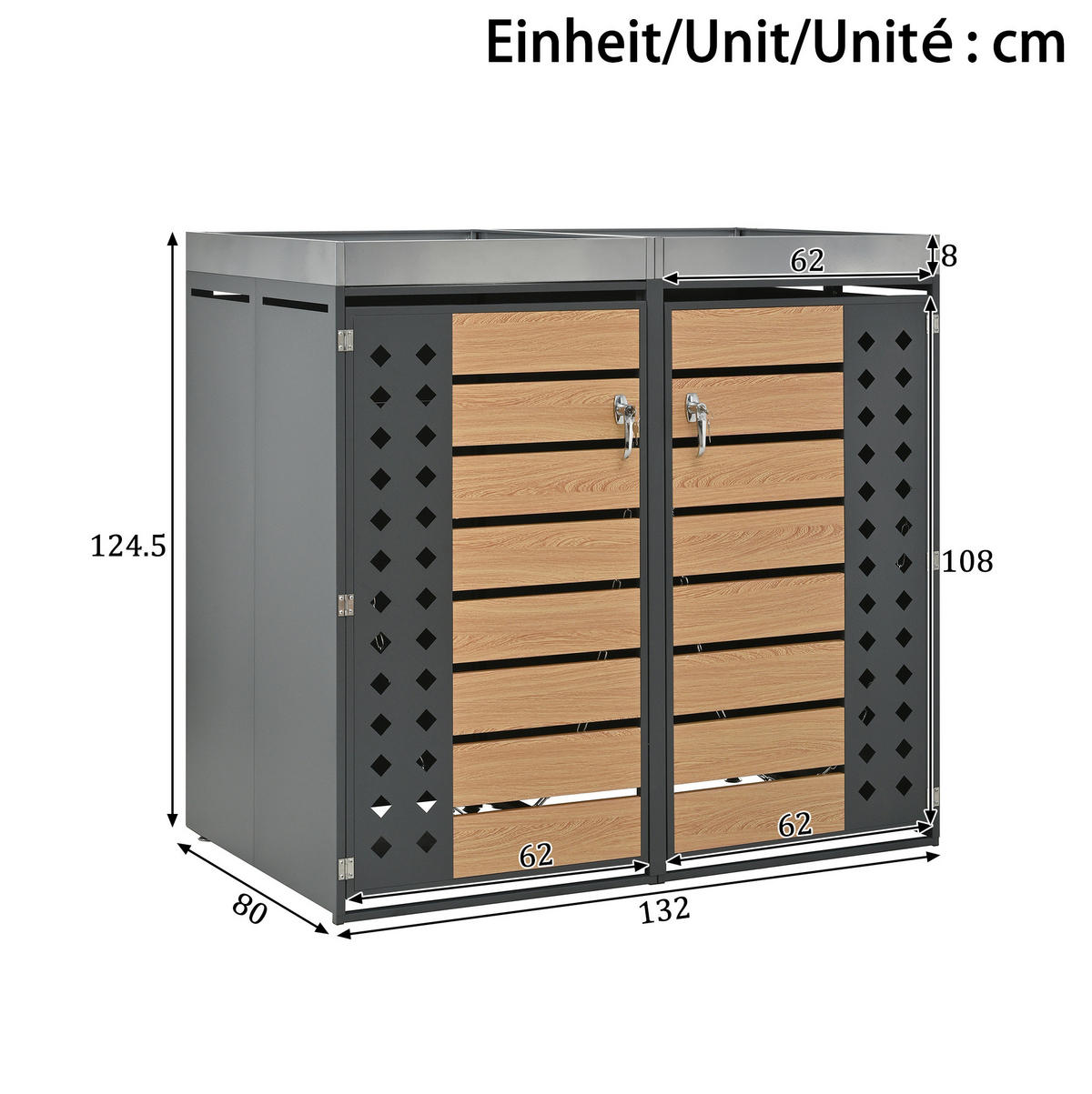 MÜLLTONNENBOX aus verzinktem Stahlblech in Grau/Holzoptik mit Pflanzgefäß 132x80x124,5 cm - Grau, Metall (132/124.5/80cm) - Modfu