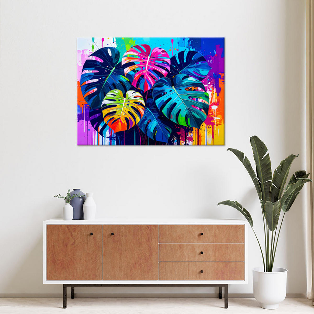 LEINWANDBILD Bunte Blätter Monstera 100x70cm - Multicolor, Textil (100/70cm) - Feeby