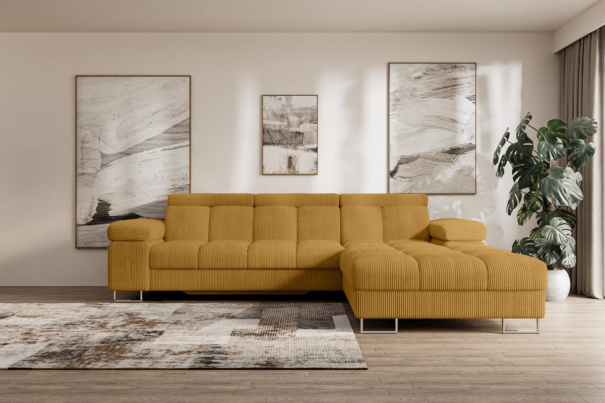 ECKSOFA mit Schlaffunktion Ottomane Rechts COMA L 271x203x79 Senfgelb Cord - Honig, Holzwerkstoff/Textil (203/271cm) - ALTDECOR