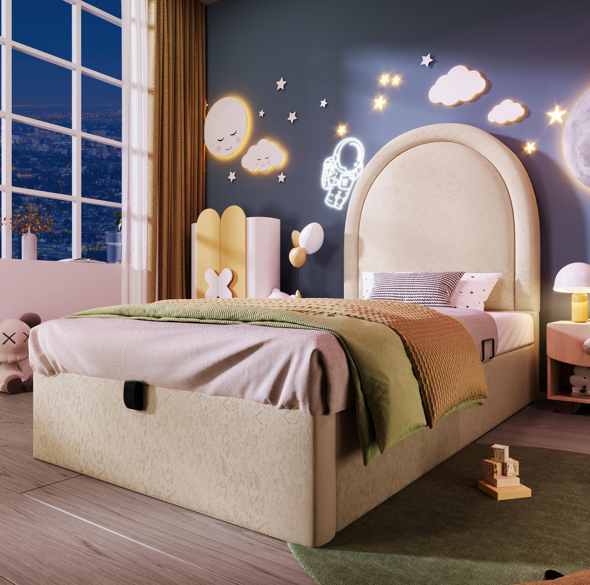 KINDERBETT Polsterbett 90/200 cm aus PU mit Stauraum und 7-Zonen-Matratze Beige - Beige, Leder (90/200cm) - Modenvie