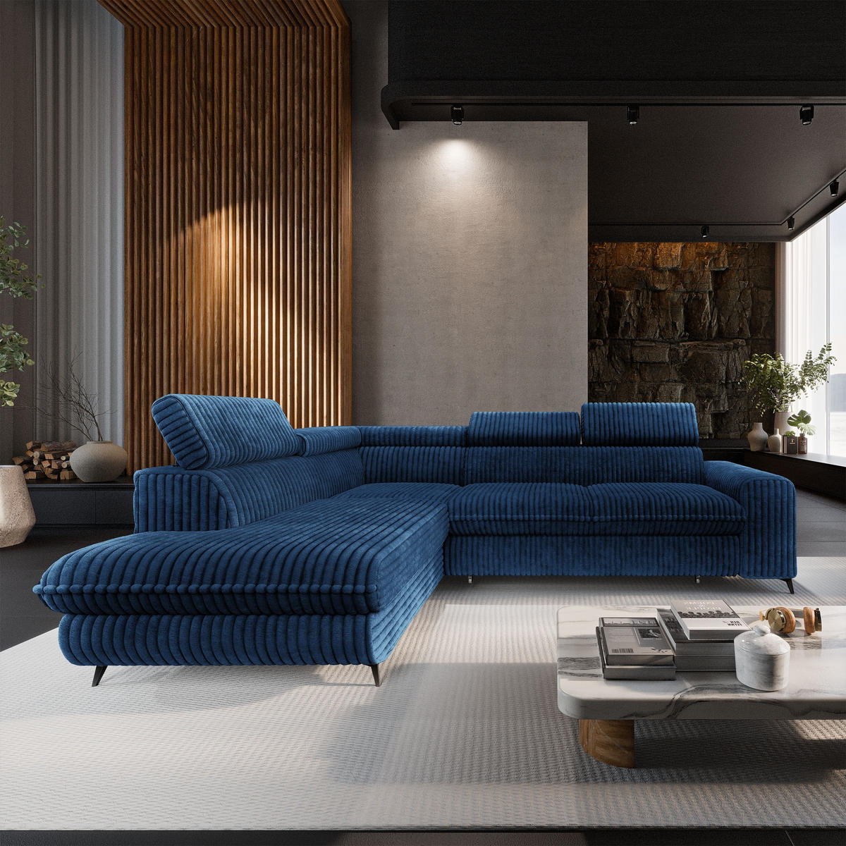 ECKSOFA VELISS Blau Kordstoff mit Schlaffunktion - Blau, Holz (255/193cm) - MASSENO