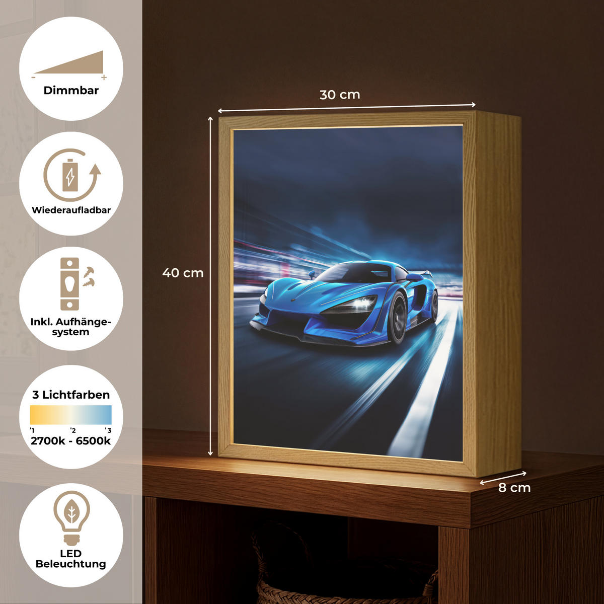 NÁSTĚNNÁ LAMPA S AKUMULÁTOREM Auto - Modrá - Chlapci - Dítě 30x40 cm - modrá, kompozitní dřevo (30/40/8cm) - OnlyWow