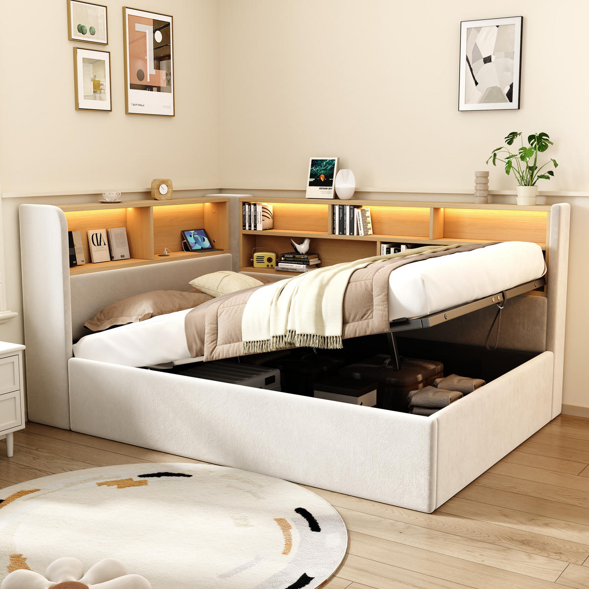 MULTIFUNKTIONSBETT 90/200 cm beige aus Samt mit LED und hydraulischem Stauraum - Beige, Textil (90/200cm) - OKWISH