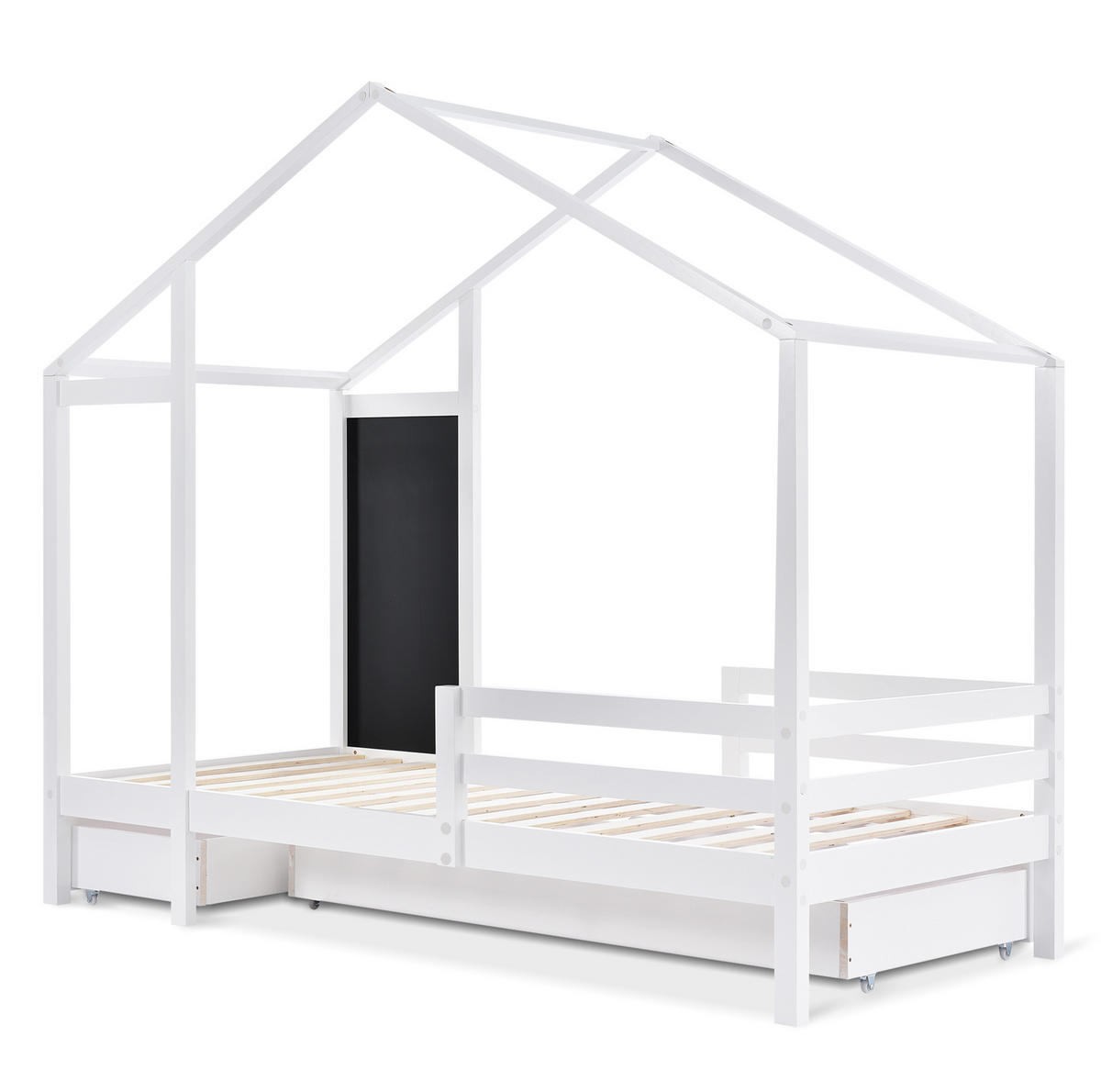 KINDEREINZELBETTEN aus Massivholz 90x200 cm in Weiß mit Tafel & 2 Schubladen - Weiß, Holz (90/200cm) - Modfu