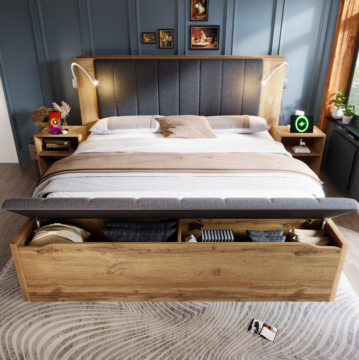 BETT 160/200 cm in Eiche mit Nachttischen, Bettbank und USB-Leselampen - Eichefarben, Holzwerkstoff (160/200cm) - Flora Grace