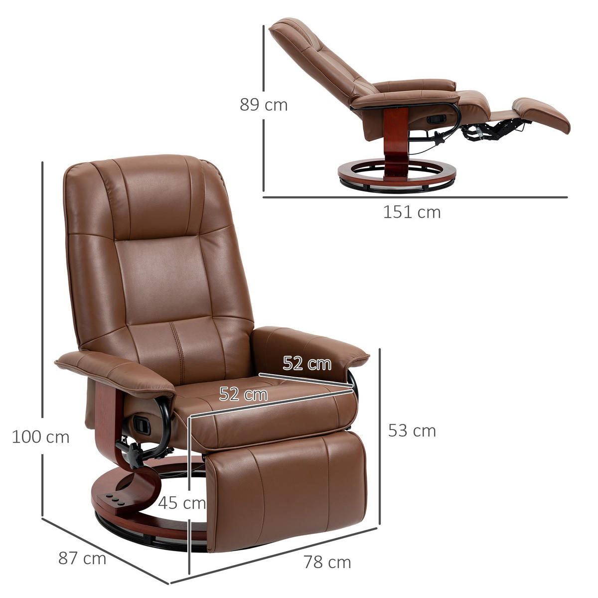 RELAXSESSEL Drehbar Fernsehsessel mit Liegefunktion, Fußstütze Kunstleder Braun - Braun, Holz/Kunststoff (87/100/78cm) - HOMCOM