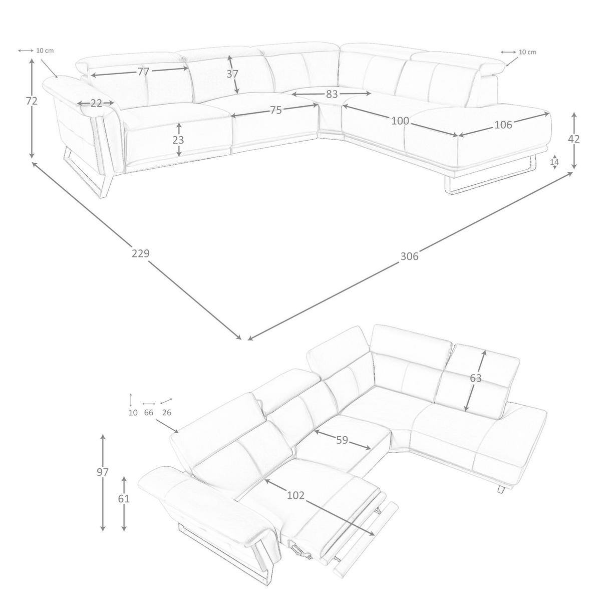 ECKSOFA Relax-Ecksofa rechts in türkisgrünem Leder 306/229/97 cm - Türkis/Schwarz, Leder/Holz (306/229cm) - ANGEL CERDA