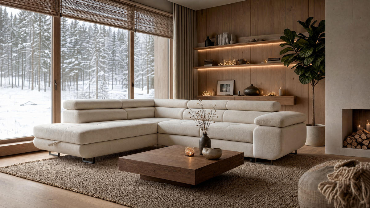 ECKSOFA Velmo mit Bettkasten und Schlaffunktion, verstellbaren Kopfstützen, in L-Form - Beige, Textil (275/203cm)