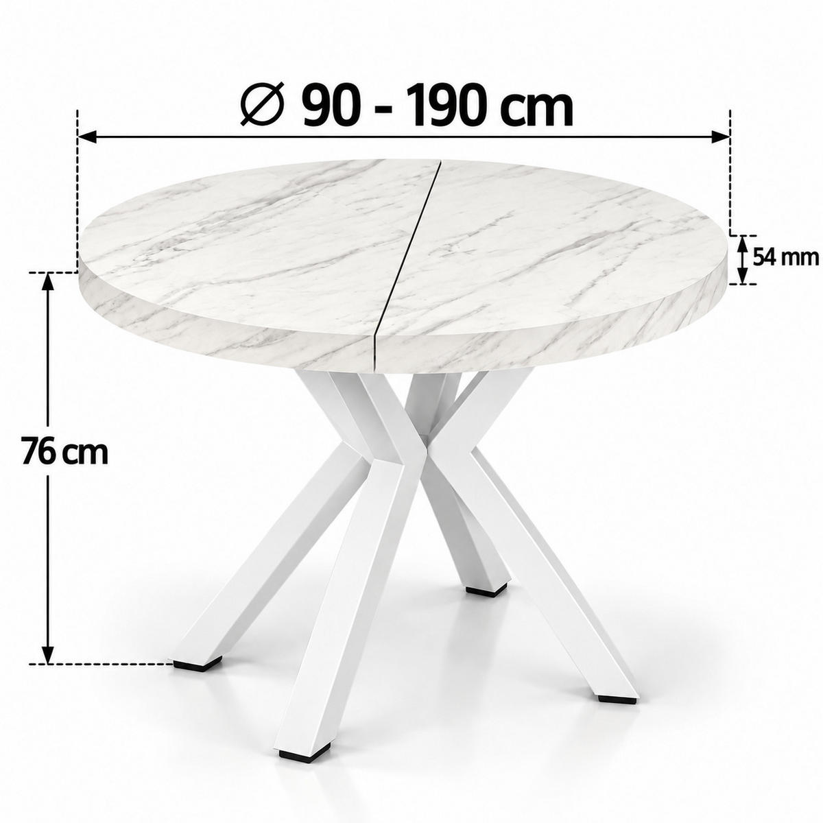 ESSTISCH rund ausziehbar 90/190/76 cm, Marmoroptik, 54 cm Tischplatte + X Metallbeine weiß - Weiß/Grau, Holzwerkstoff/Metall (90/190/76cm) - Damale Möbel