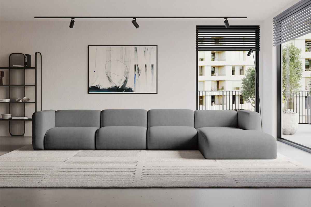 ECKSOFA Ottomane Rechts MIRA-L3 409x179x70 Grau Velours - Schieferfarben/Schwarz, Holzwerkstoff/Kunststoff (409/179cm) - ALTDECOR