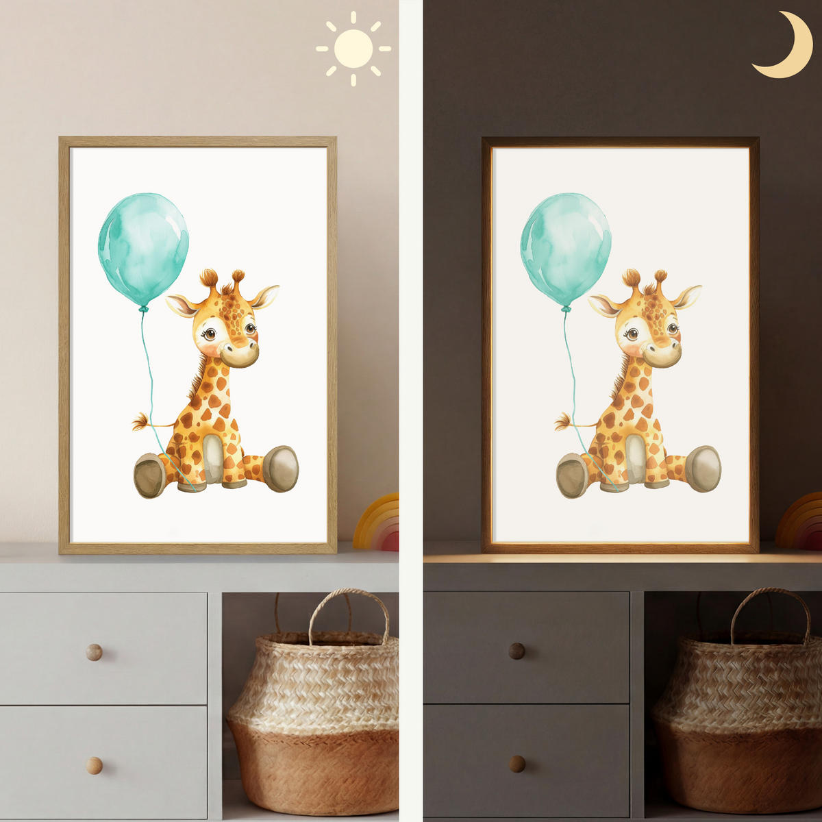 WANDLEUCHTE MIT AKKU Giraffe - Baby - Tiere - Blauer Ballon 40x60 cm - Weiß, Holzwerkstoff (40/60/8cm) - OnlyWow