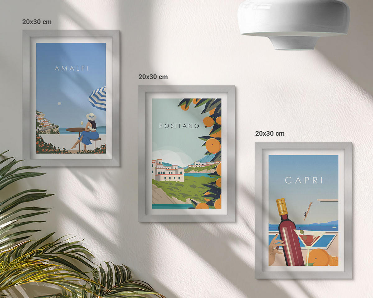 BILDER SET 3er Set - 20x30 cm Silberner Rahmen - Amalfi, Positano und Capri - Silberfarben, Kunststoff (20/30cm) - TULUP