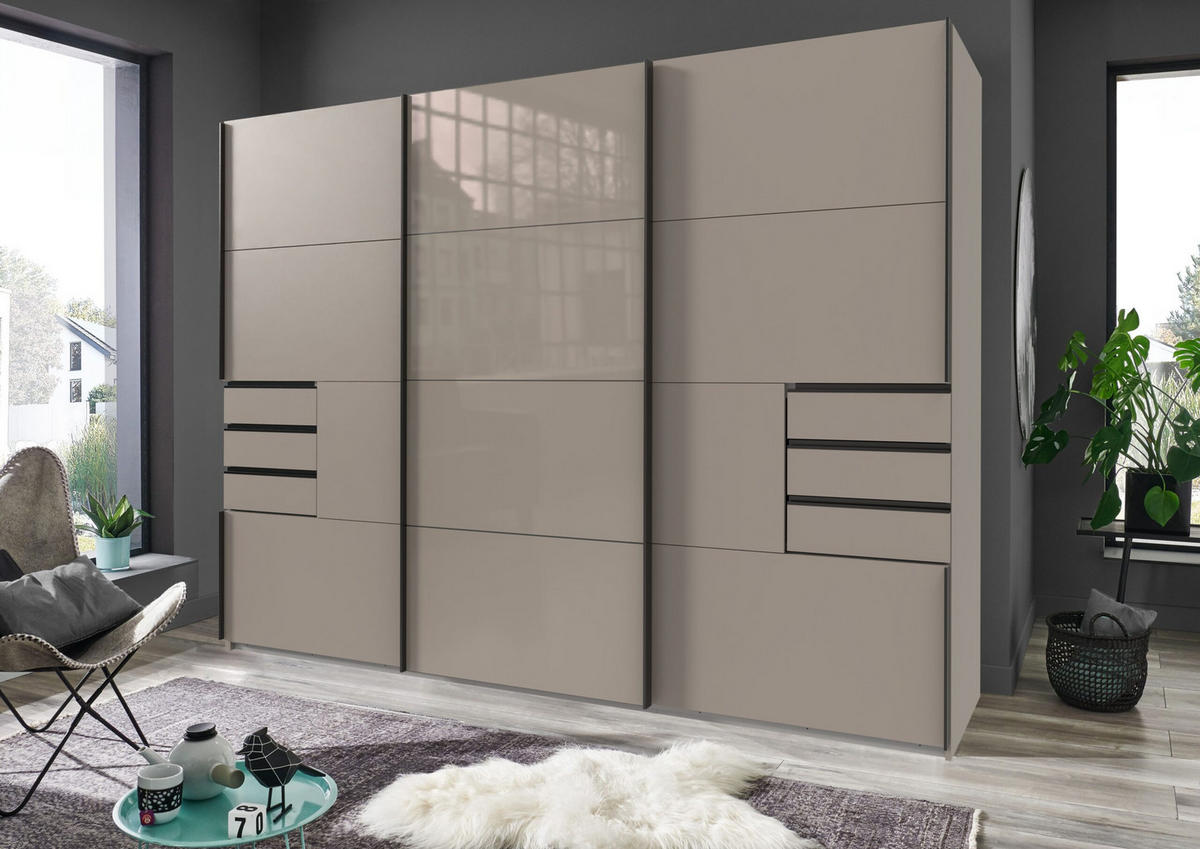 KLEIDERSCHRANK Saigon in Saharagrau mit einer Türfront in Glas Saharagrau – Schwebetürenschrank 3 türig - 270 cm Breite - Grau, Holzwerkstoff (80/200/120cm)