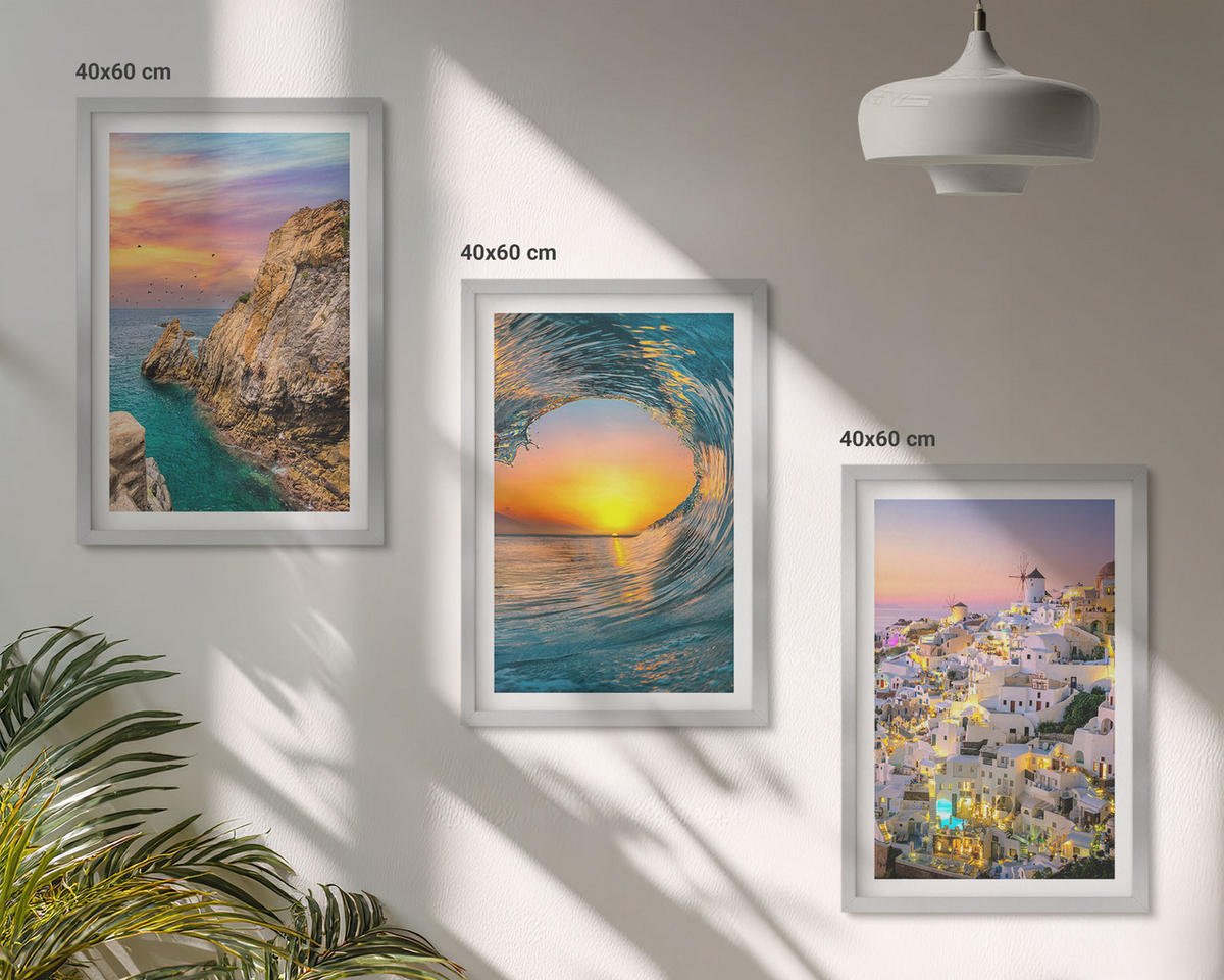 WANDBILDER 3er Set - 40x60 cm Silberner Rahmen - Meereswellen, weiße Häuser, Santorini - Silberfarben, Kunststoff (40/60cm) - ArtPrintCave