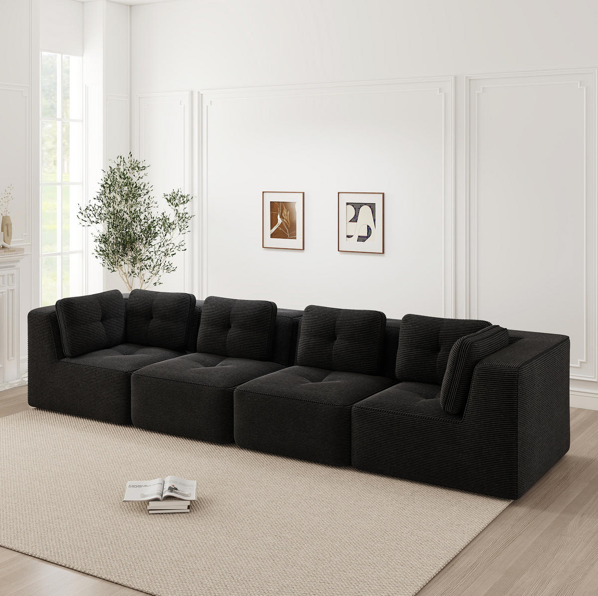 SOFA 386/104/69 cm in Schwarz, modular mit Cordbezug - Schwarz, Textil (104/69/386cm) - Flora Grace