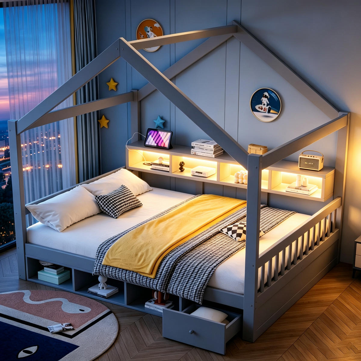 HAUSBETT 140/200 cm mit Dachrahmen und LED, DE-41651, in Grau - Grau, Holzwerkstoff (140/200cm) - ComfortXL