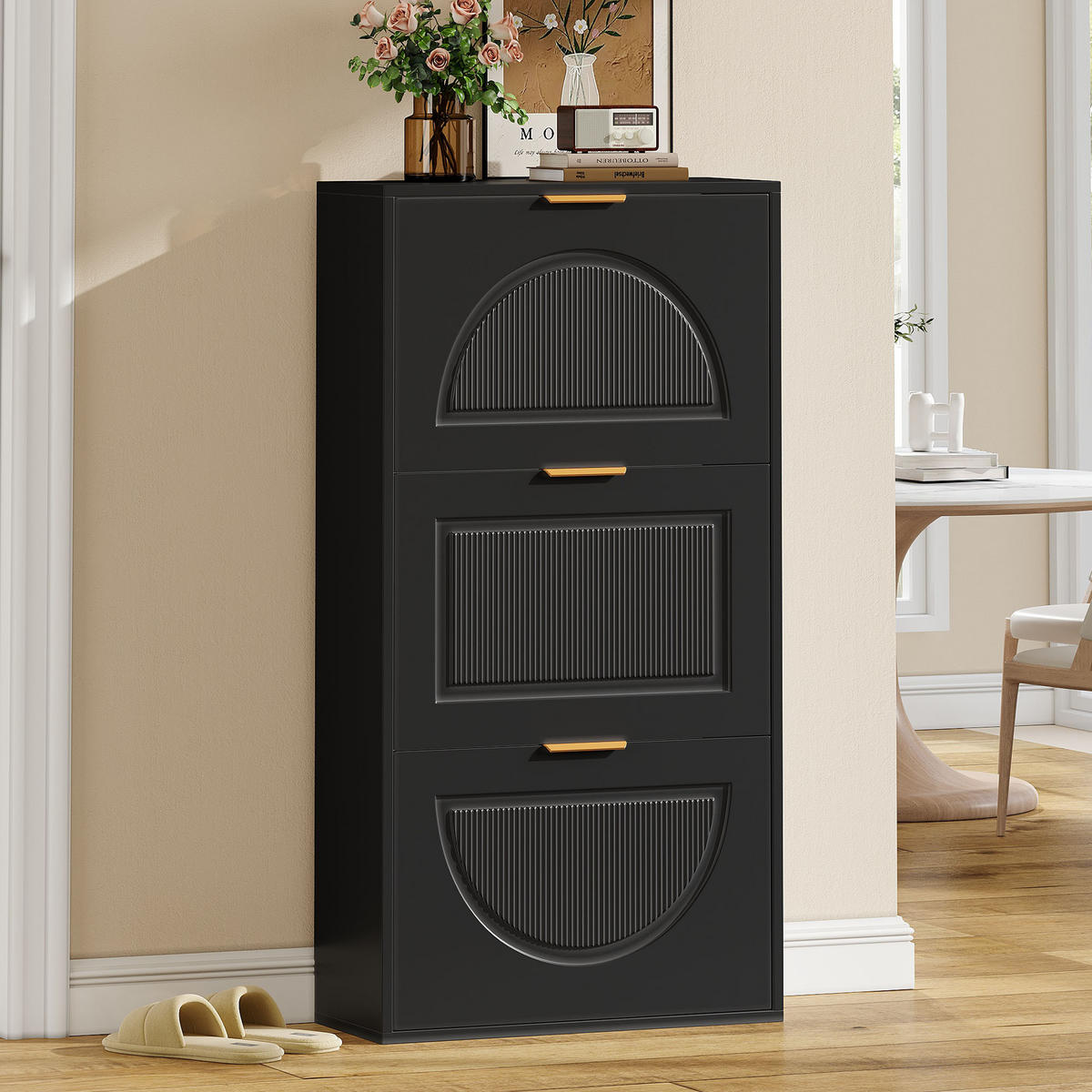 SCHUHSCHRANK Schmal 3 Klappen Schwarz 60x24x114cm - Schwarz, Holzwerkstoff (24/114/60cm) - FLIEKS