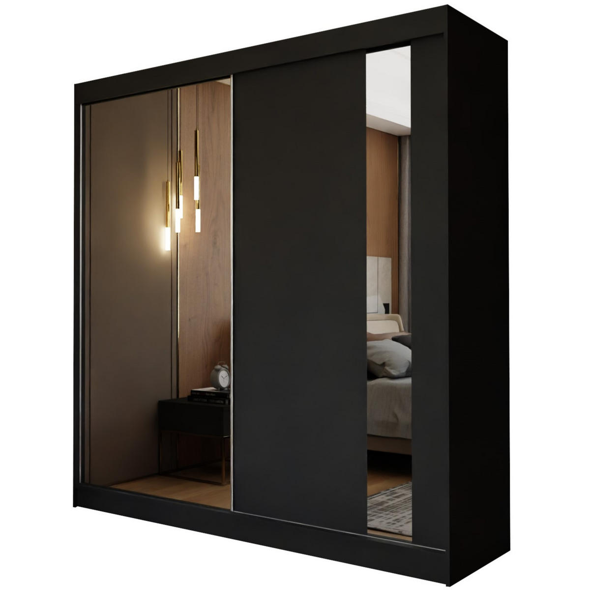 SCHWEBETÜRENSCHRANK GRAZIA 200/216/61 cm 2-türig mit Spiegel Schwarz - Schwarz, Holzwerkstoff (200/216/61cm) - MASSENO