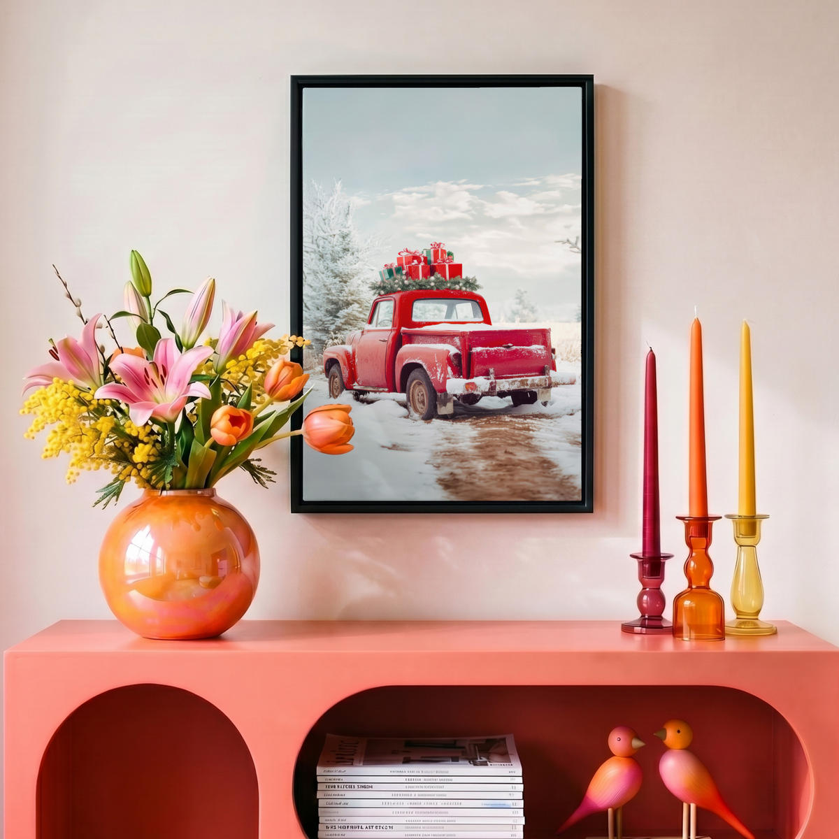 LEINWAND Bilder mit Rahmen - Auto - Rot - Geschenke - Winter - Schnee - Weihnachten - 20x30 - Rot, Textil (20/30cm) - MuchoWow