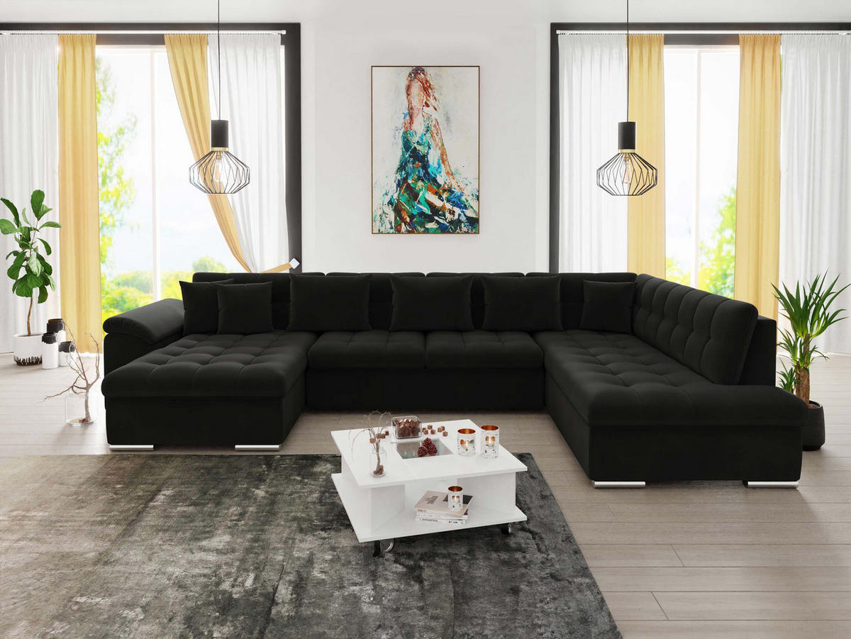 WOHNLANDSCHAFT Niko Bis, Seite: Links - Schwarz, Holz/Textil (348/76/205cm) - MIRJAN24