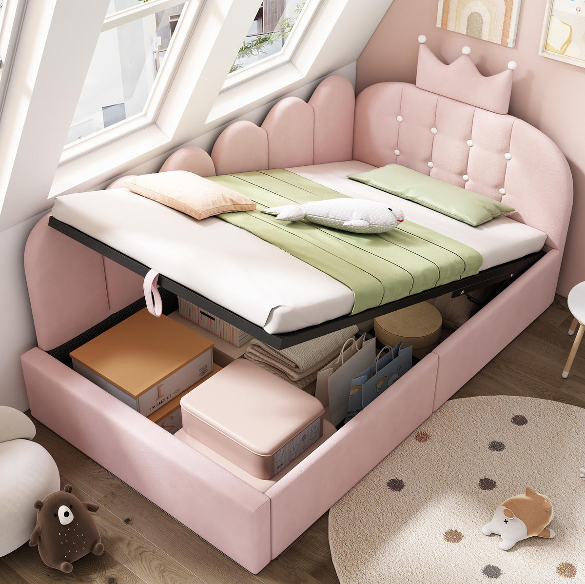 POLSTERBETT aus Samt 90x190 cm Rosa mit hydraulischem Stauraum und Kronen-Gitter-Design - Rosa, Textil (90/190cm) - Modfu