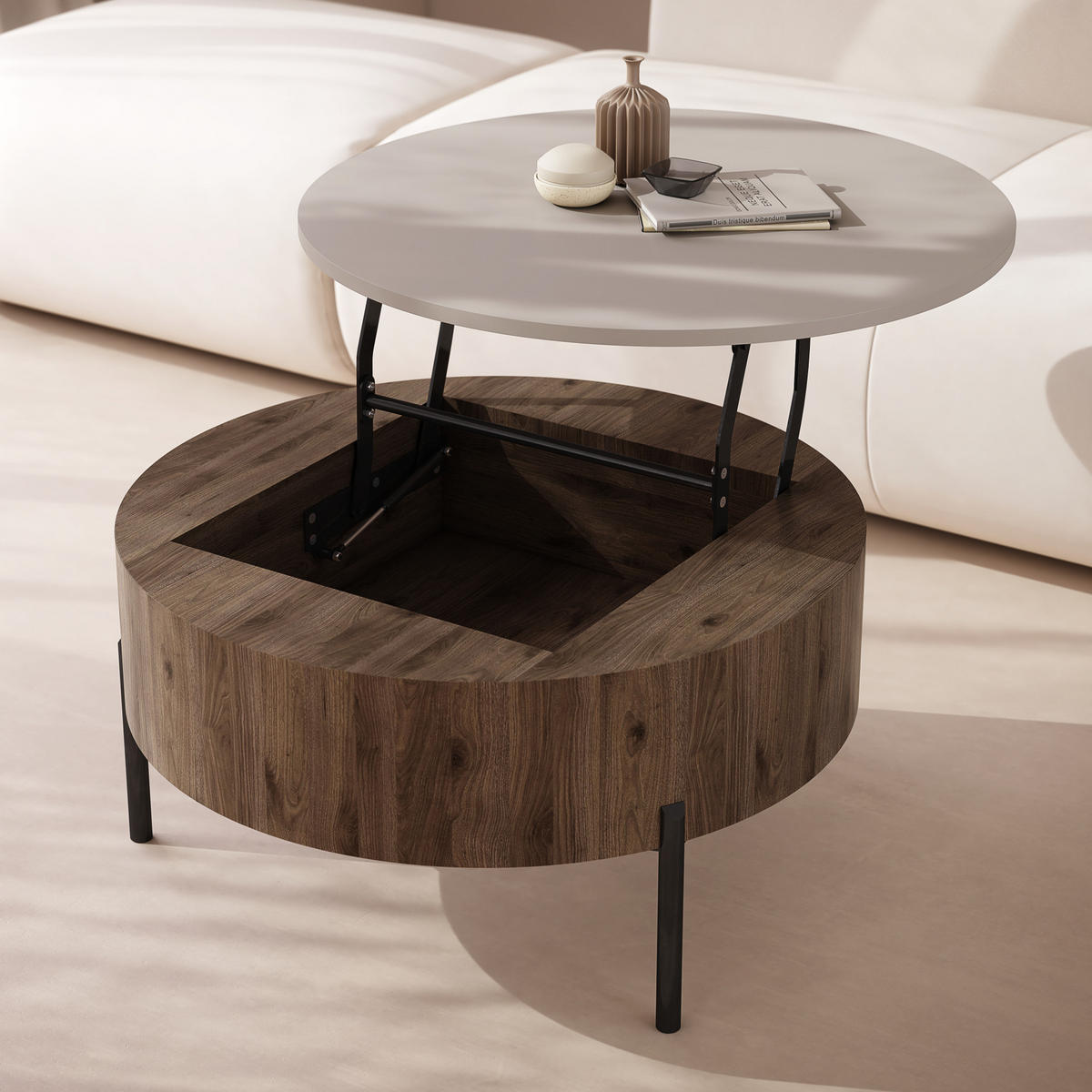 COUCHTISCH rund aufklappbar höhenverstellbar Stauraum 79/79/42 cm - Beige/Nussbaumfarben, Holzwerkstoff (79.5/79.5/42.7cm) - designimpex