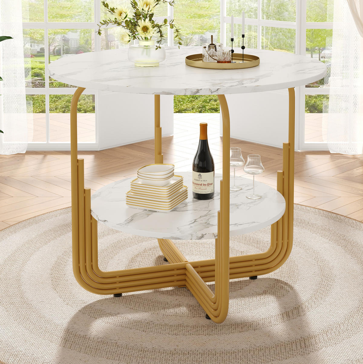 ESSTISCH 80/80/76 cm in Gold mit MDF-Marmoroptik und Ablage - Goldfarben, Holzwerkstoff (80/80/76cm) - Flora Grace