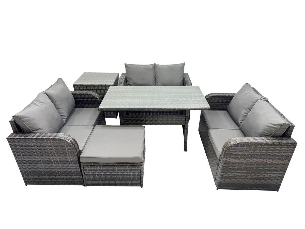 SITZGRUPPE mit Esstisch,Zweisitzer,Hocker Polyrattan 7-Sitzer - Dunkelgrau/Grau, Glas/Kunststoff - Fimous